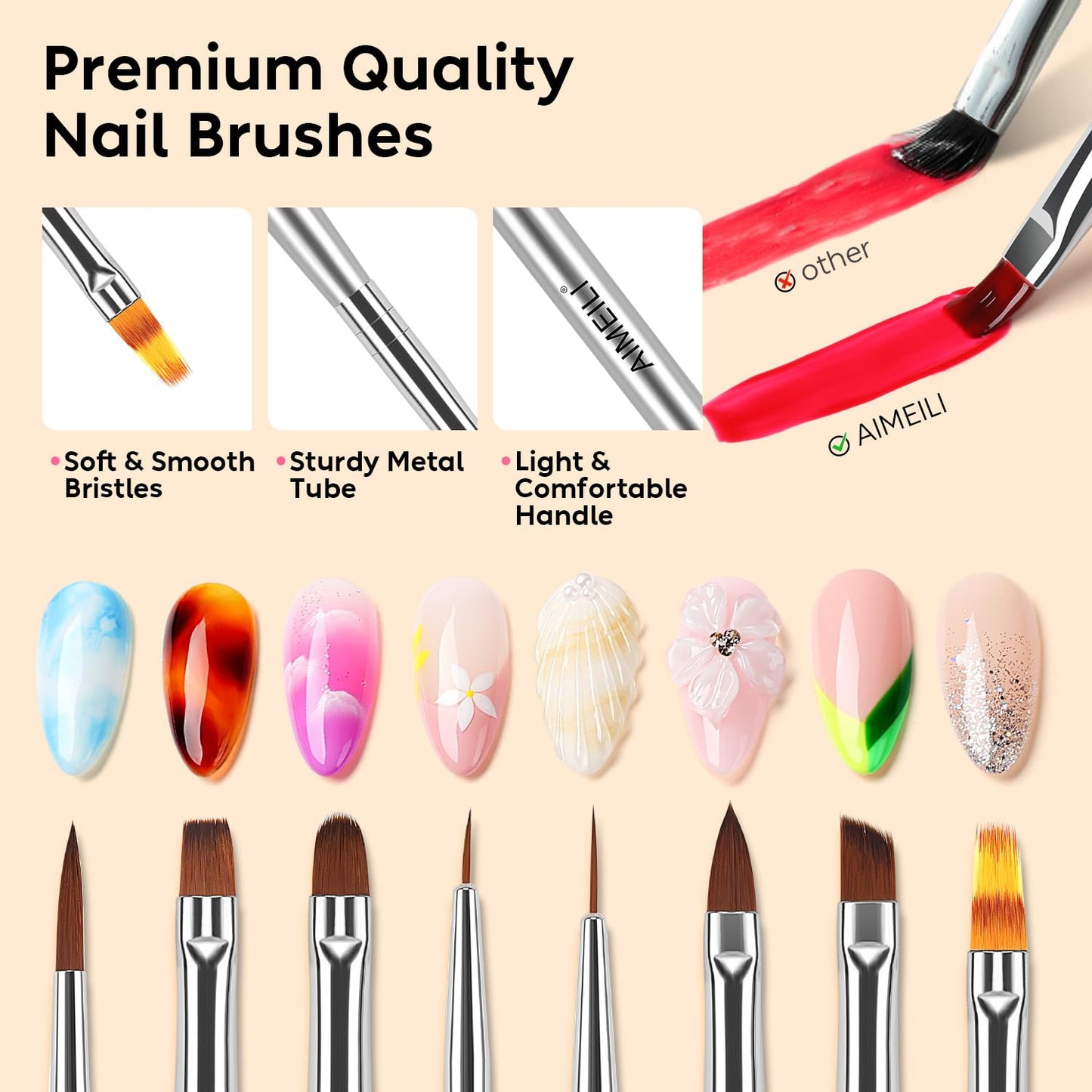 AIMEILI Nail Art Brushes for Nail Polish Gel, 8 Pcs Fingernail Art Design Pens, Dotting Pen Clean Up Liner French Nail Brush DIY