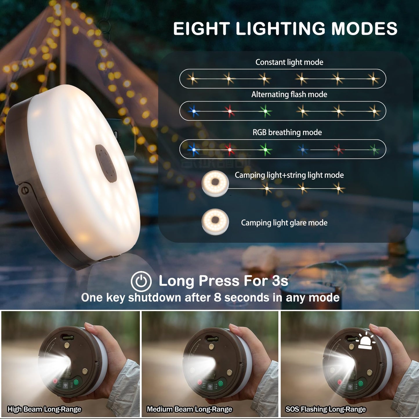 Sutaig Camping Lantern String Lights with Remote Control, 32.8Ft, Waterproof, Type-C Fast Charging, Model WCCX-SSDC-RGB