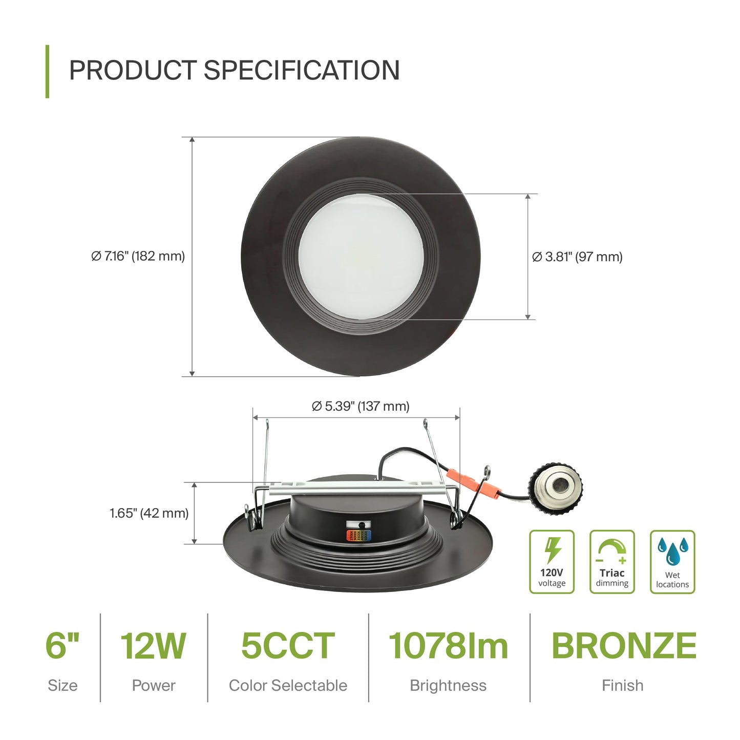 ASD 6 Inch Retrofit LED Recessed Lighting | Metal Trim Bronze 12W 1078LM 120V 2700K-5000K Adjustable Ceiling Downlights | Triac Dimmable Wet Rated Room Can Lights, ETL Energy Star, 12 Pack