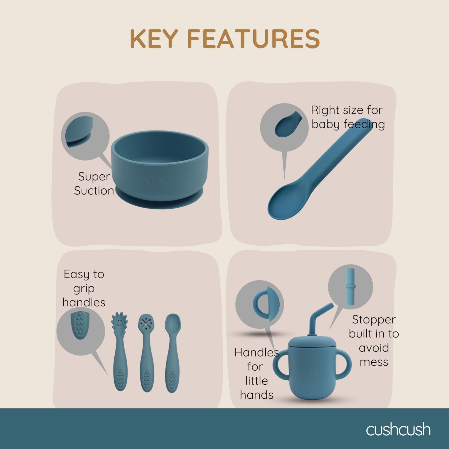 Cushcush Silicone Baby Feeding Set, Baby Led Weaning Supplies, First Stage Solid Food eating Utensils, Divided Suction Plate, Bowl, Bibs, Sippy Cup, Placemat, 6+ months Newborn Gift (Pastel Blue)