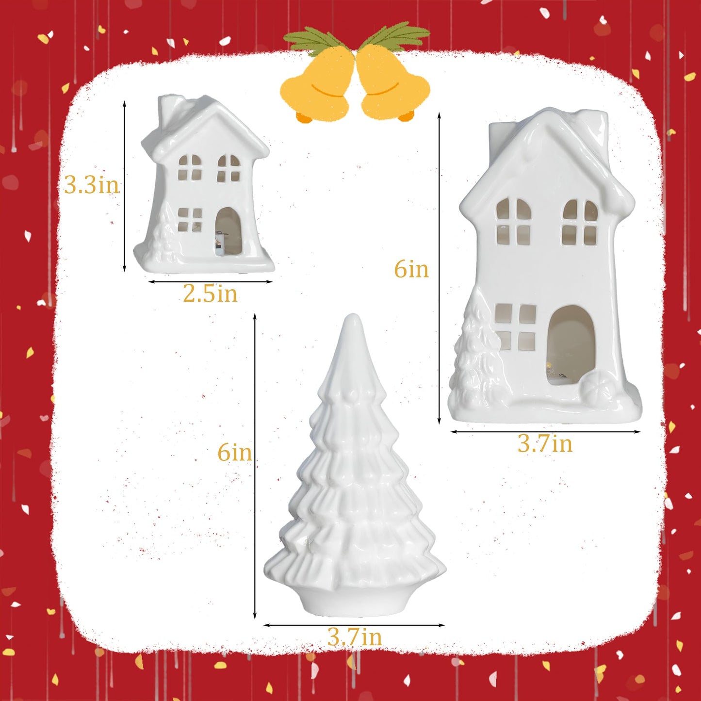 Nerosun Ceramic Christmas Village Houses  3Pcs Led Lighted Porcelain White Small House And Xmas Tree Tabletop Figurines  Light Up Christmas Decorations For Home Shelf Cabinet Table Winter Decor