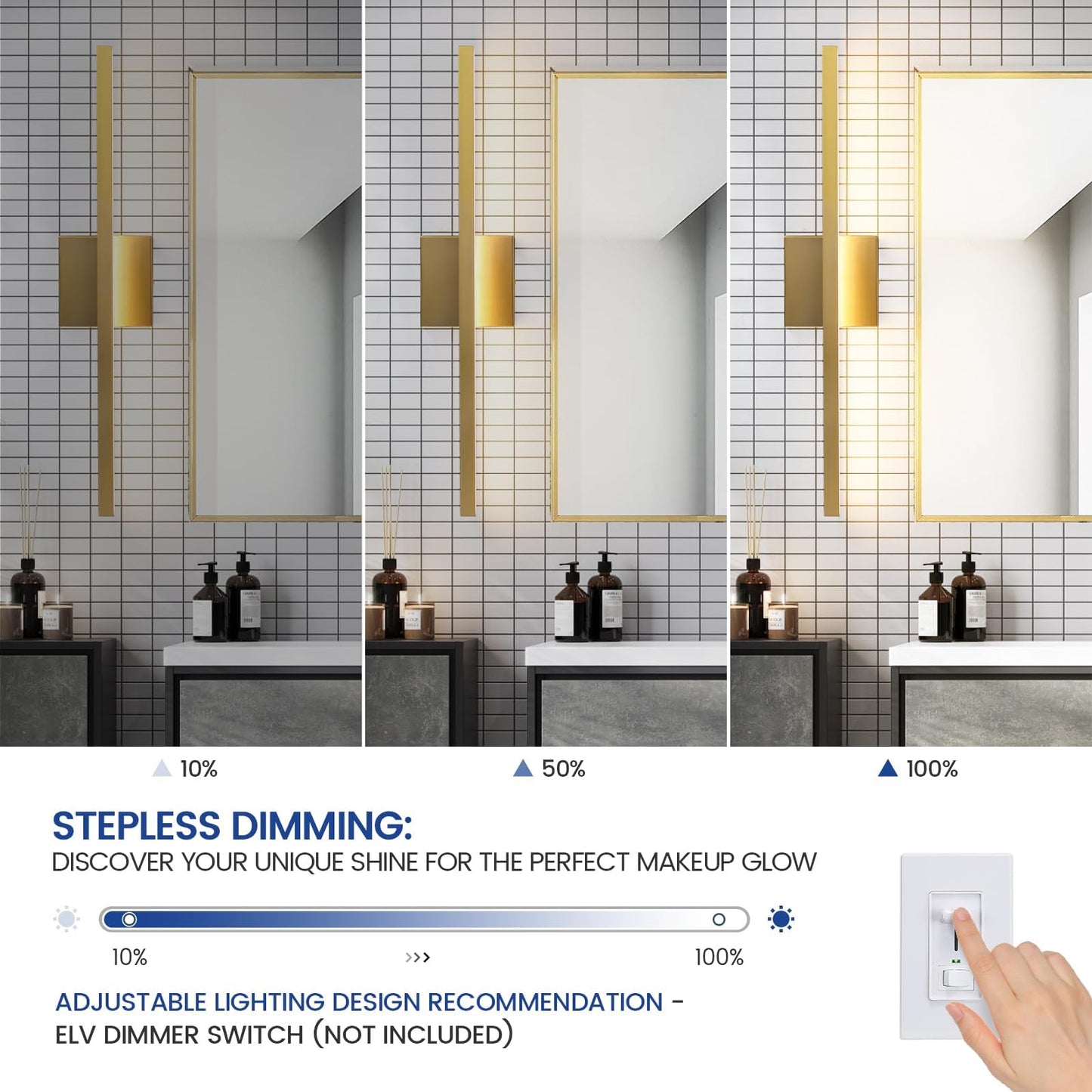 Epinl Gold Bathroom Light Fixtures - 23.6 Inch Brushed Gold Vanity Lights For Bathroom Over Mirror Dimmable18W Led Dimmable 5Cct Wall Sconce Lighting Fixture For Bathrooms Bedroom