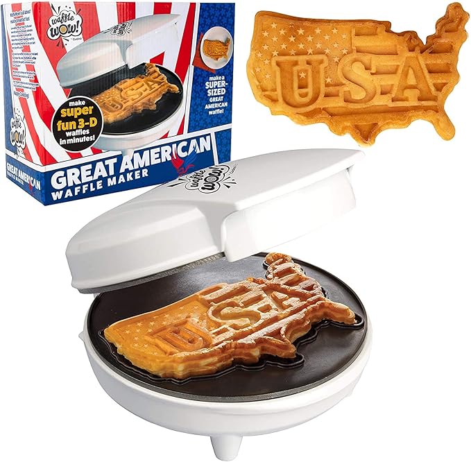 Great American USA Waffle Maker- Giant 7.5" Patriotic Waffles or Pancakes - Electric Nonstick Waffler Iron - America Spirit Party, Breakfast Griddle Baker Supplies with Recipe Guide- Novelty Xmas Gift