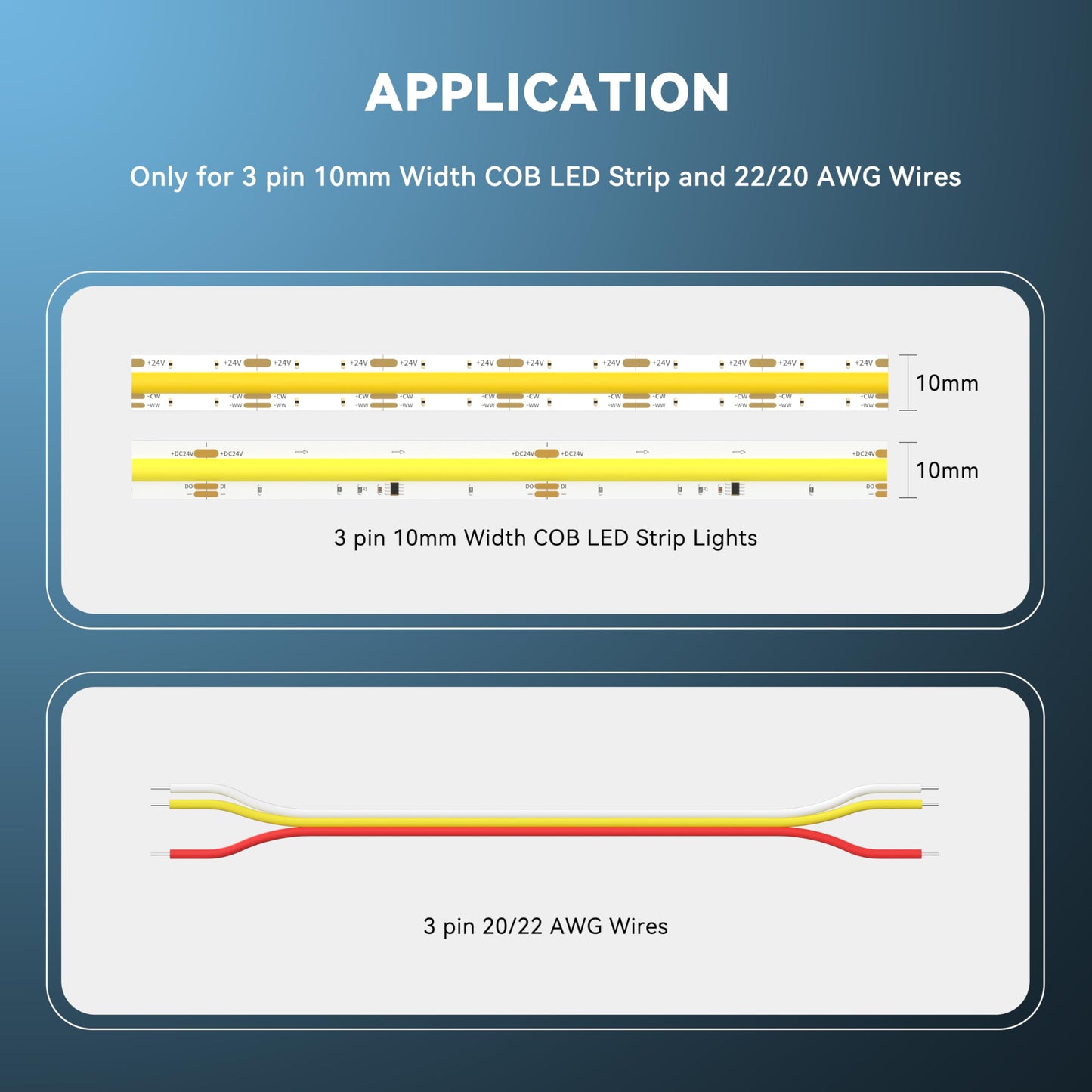 PAUTIX 10mm Connectors for 3-Pin CCT COB LED Strip Lights,20pcs Strip to Wire Connectors,10ft(305cm) Long 22AWG Extension 3 Wires for Non-Wired Gapless Solderless,5V 12V 24V LED Strip Lights Jumper