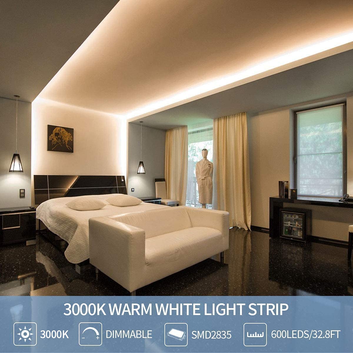 MY BEAUTY LIGHT LED Strip Lights Warm White 32.8FT Dimmable Flexible Rope Lights with Power Supply and Accessories Model ZH117-3000K