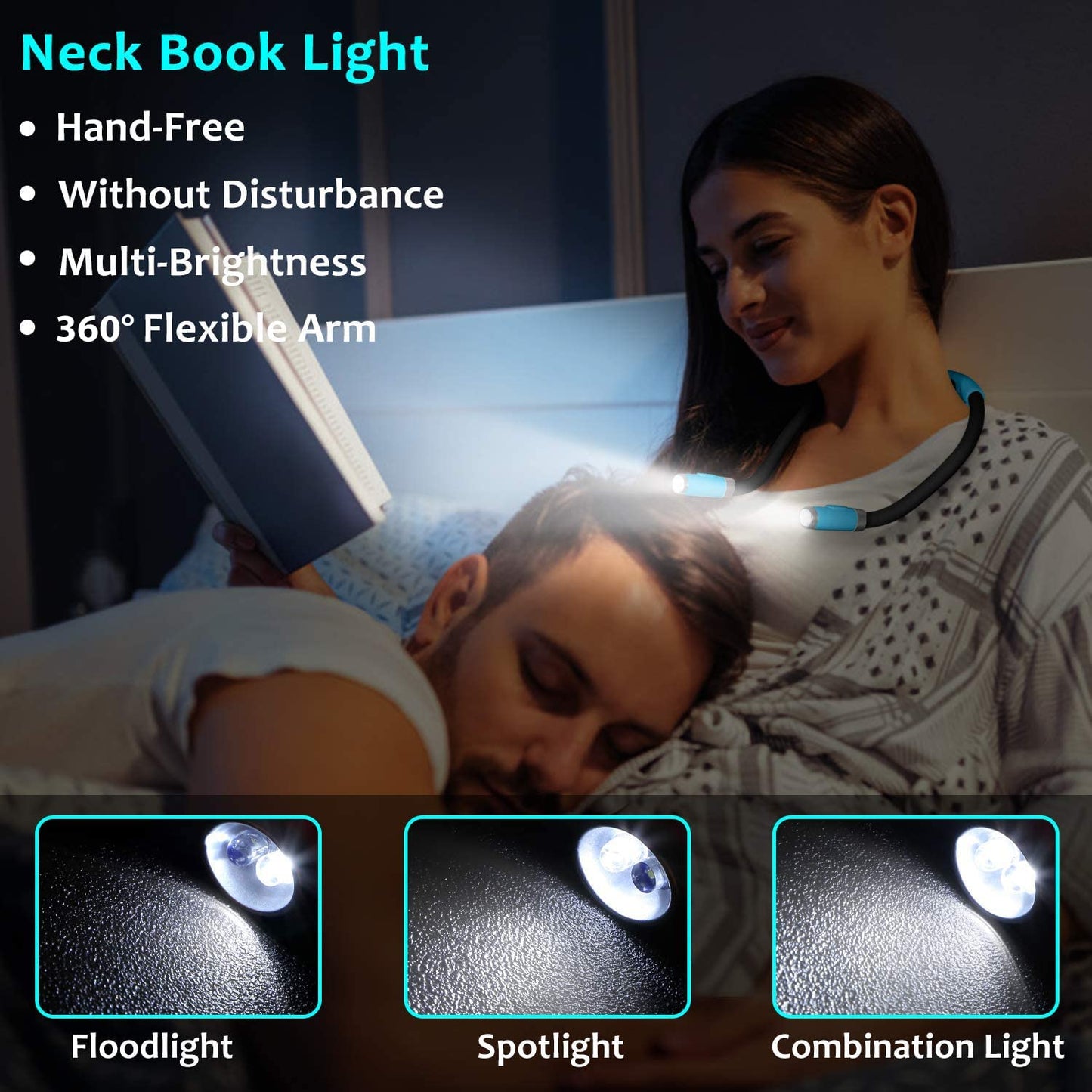 LUXJET LED Neck Lamp, Rechargeable Book Light, 4 LED Bulbs, 3 Brightness Levels, Cold White, Light Blue, Model ORF-Necklight-Blue