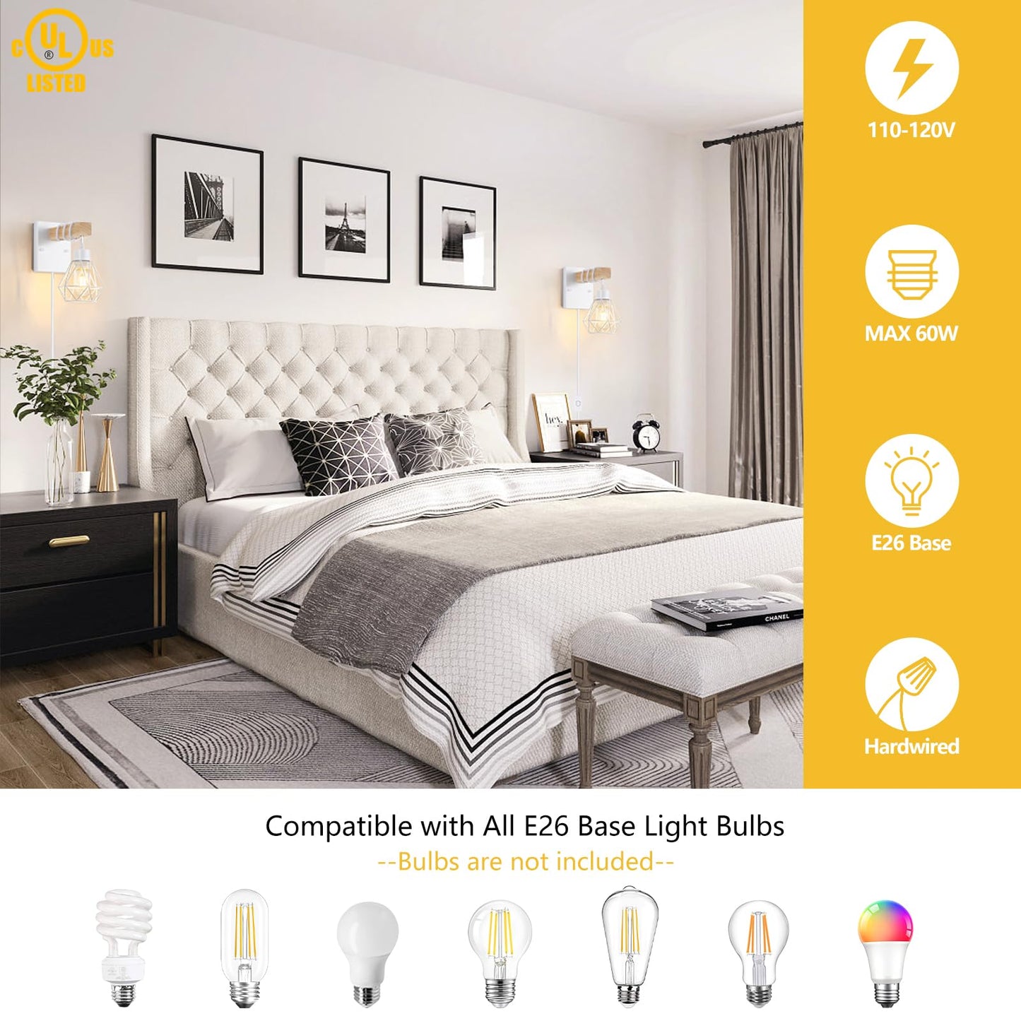 Lomoky White Plug In Wall Sconces Set Of Two  Modern Wall Lights With 5.25Ft Plug In Cord  Wooden Bedside Wall Lamps With Metal Shade  Industrial Wall Lighting Decor For Living Room  Hallway  Stairs