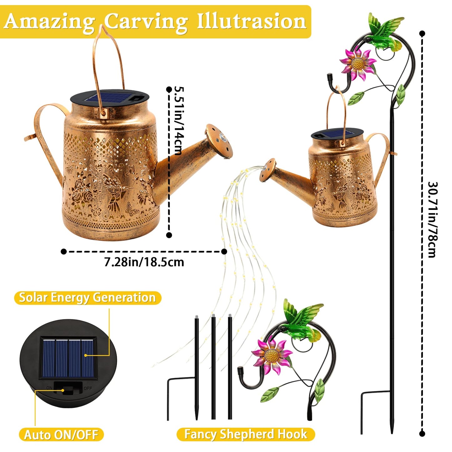 2 Pack Solar Lanterns Outdoor Waterproof Hummingbird Watering Can Garden Decor Hanging Solar Path Lights Yard Art Outside Patio Decorations Gardening Birthday Gifts For Mom Grandma Women (Warm White)
