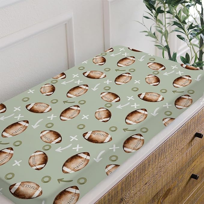 HawSkgFub Football American Sport Changing Pad Cover for Baby Boys, Green Football Game Diaper Change Table Covers, Ultra Soft Stretchy Breathable Safe Snug Fitted Changing Mat Sheet Fit 32"/34" x 16"
