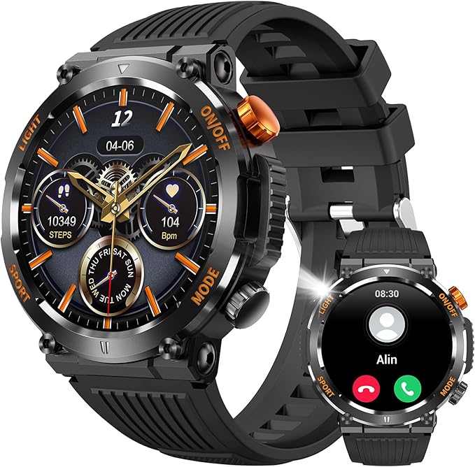 Military Smart Watch for Men Answer/Make Call, Outdoor Waterproof Tactical Sports Smartwatch with LED Flashlight Compass, ...