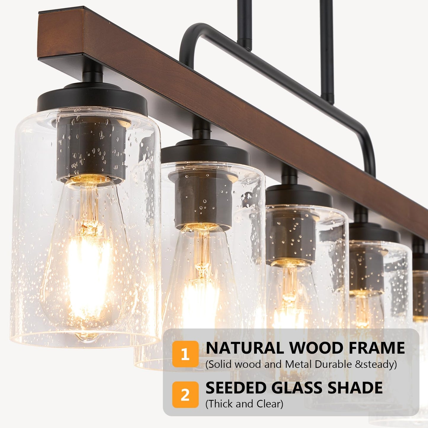 Farmhouse Chandelier 5-Light Dining Room Light Fixture Over Table Kitchen Island Lighting Rustic Chandeliers For Dining Light With Seeded Glass Shade Wood Pendant Lights Kitchen Island