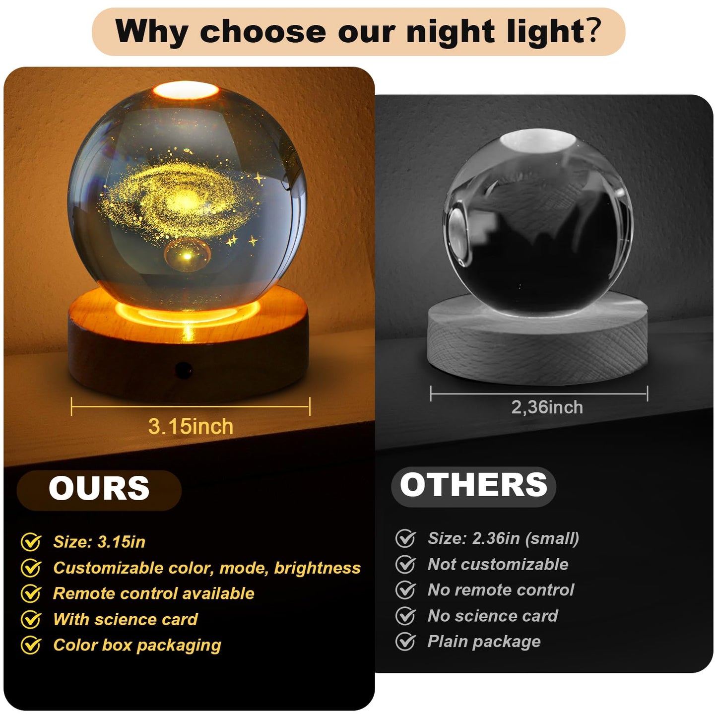 youglatt Galaxy Night Light Lamp, 3D Crystal Ball, 16 Color LED, Remote Control, Space Theme, Transparent Color, Model A6