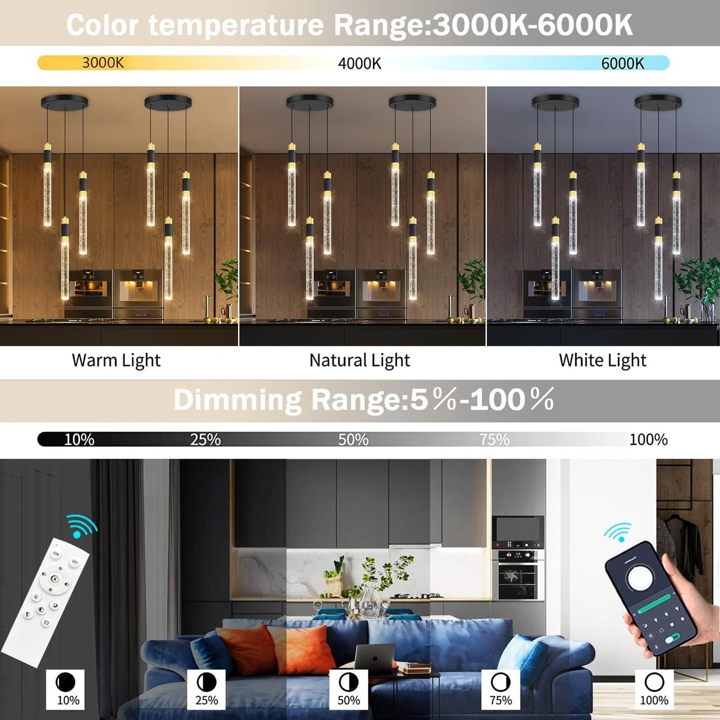 Cenozo Modern Pendant Light - 3-Lights LED Dimmable, Remote Control, 3000K-6000K, Black - Model RS8002-3tou-yuanpan-R