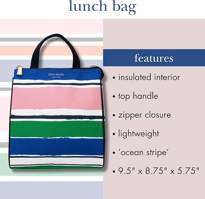 kate spade new york Cute Lunch Bag for Women, Large Capacity Lunch Tote, Adult Lunch Box with Silver Thermal Insulated Interior Lining and Storage Pocket, Ocean Stripe