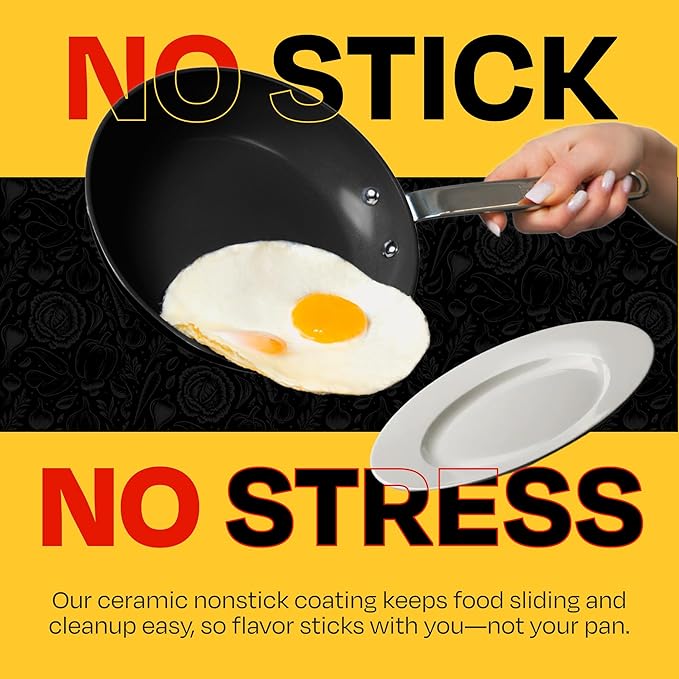 Guy Fieri's Flavortown 15-Piece Ceramic Cookware Set, Nonstick Pots and Pans for Cooking, Easy-Clean Kitchen Cookware, Made without PFAS PTFE PFOA, Induction Compatible, Oven & Dishwasher Safe, Black