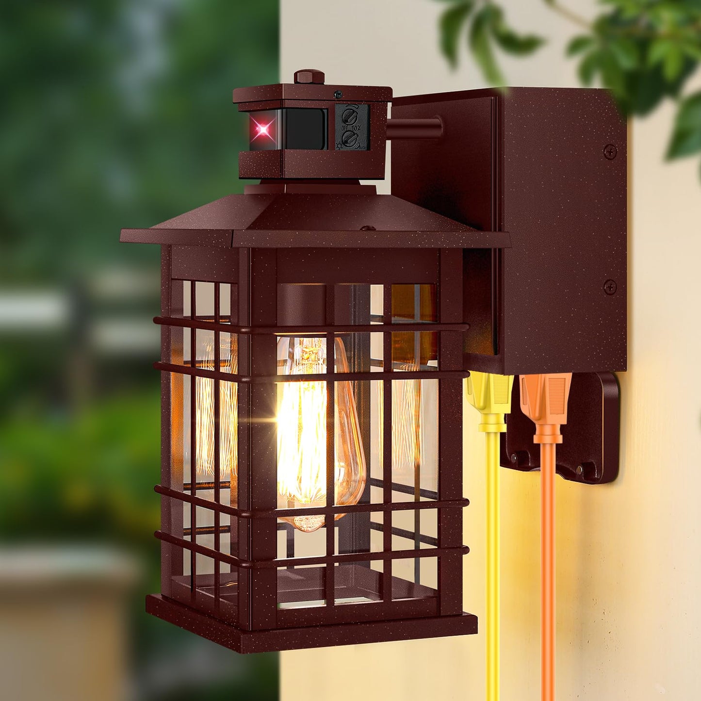 Porch Light With Gfci Outlets  Brown Motion Sensor Dusk To Dawn Outdoor Wall Light Fixture  Waterproof Outside Wall Lantern Sconce 3 Lighting Modes  Exterior Wall Light For Patio Garage Front Door