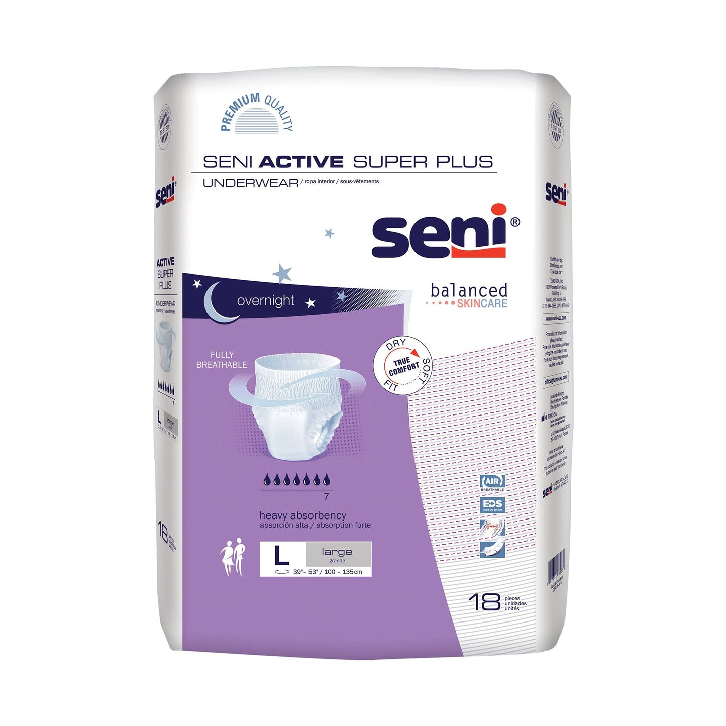 Seni Active Super Plus Unisex Adult Incontinence Underwear, Size Large (39"-53"), 18 Count (1 Pack of 18), Heavy Absorbency, Pull On Disposable Overnight Underwear for Men & Women