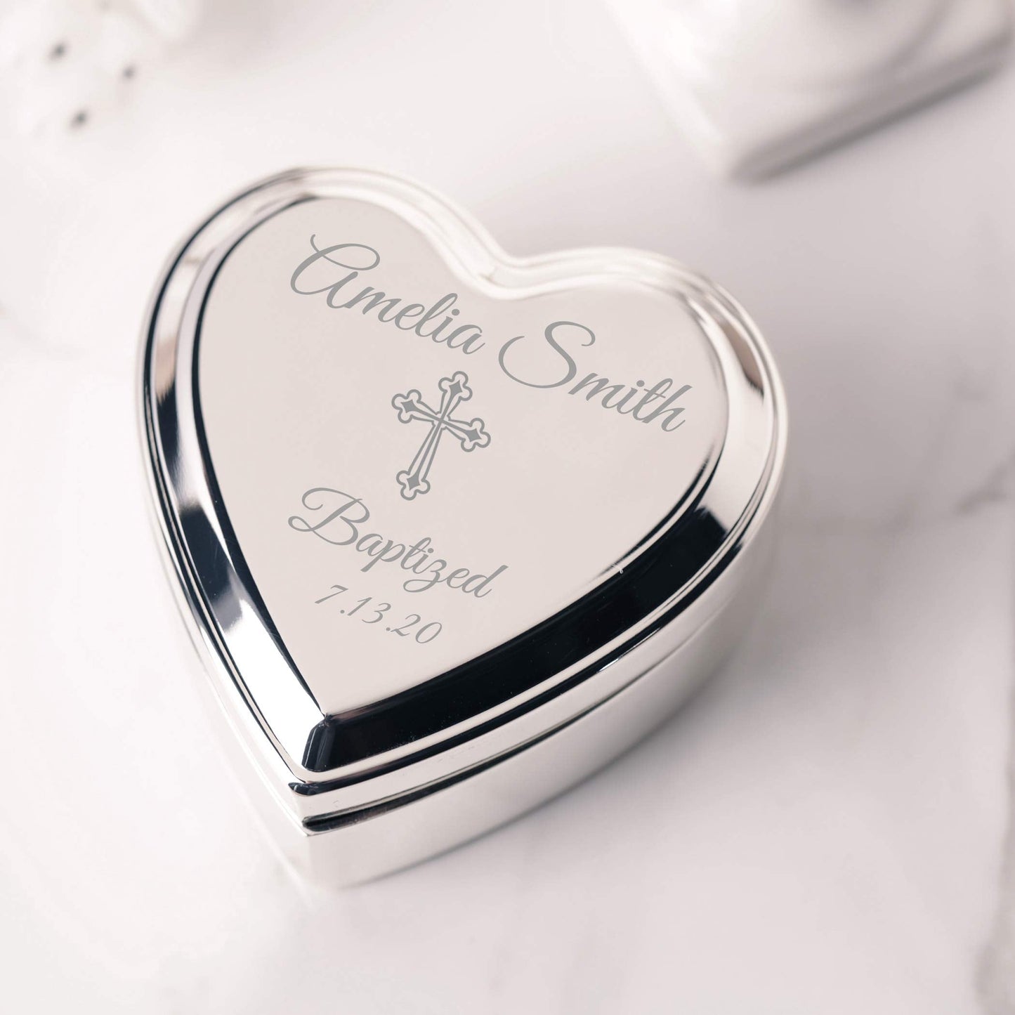 Cherished Moments Personalized Heart Jewelry Keepsake Box with Custom Engraved Cross and Name for Baby Baptism Gift for Girls, S