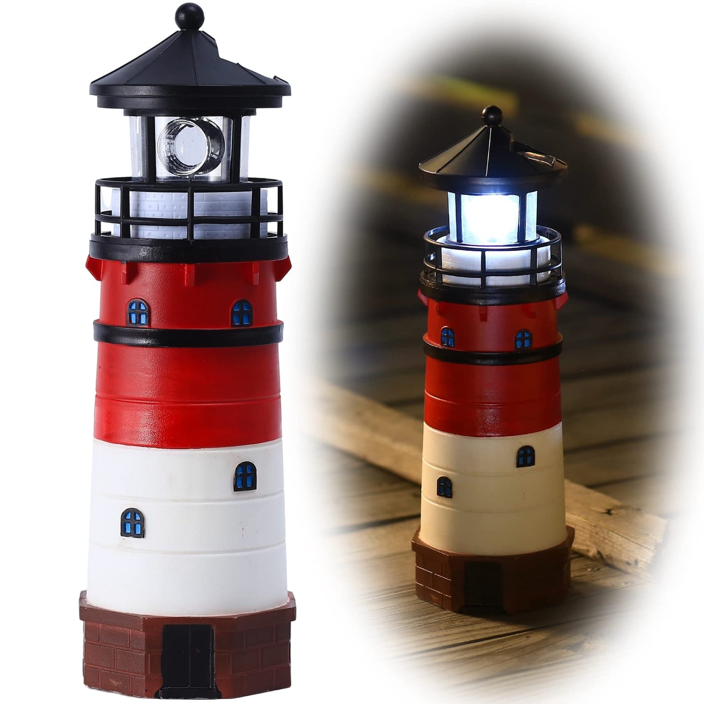 WDLFCGC Solar Lighthouse - 12in Tall with Rotating Beacon, Red3, Model 3130B, Outdoor Decoration Gift for Children