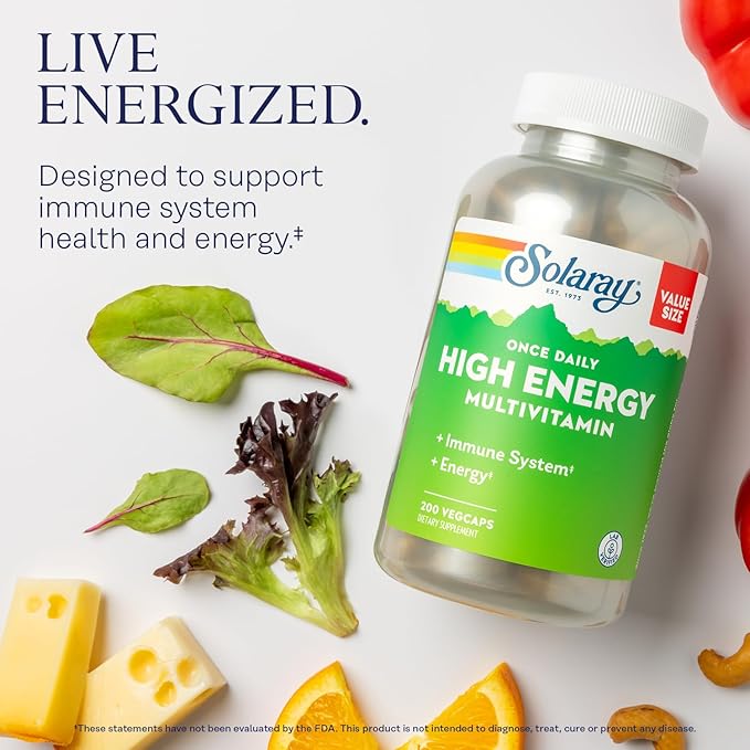 SOLARAY Once Daily High Energy Multivitamin for Women and Men - Energy Supplements - Immune Support w/Vitamin C, A, D and E, Vitamin B Complex, Trace Minerals, 60-Day Guarantee, 200 Serv, 200 VegCaps