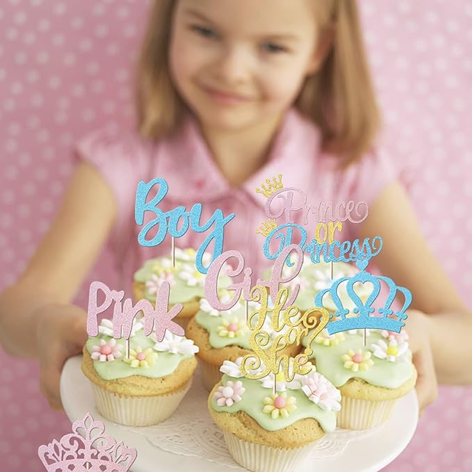 Rsstarxi 24 Pack Boy or Girl Cupcake Toppers Blue or Pink Cupcake Picks Prince or Princess Crown Cake Decoration for He or She Gender Reveal Theme Baby Shower Kids Birthday Party Decorations Supplies