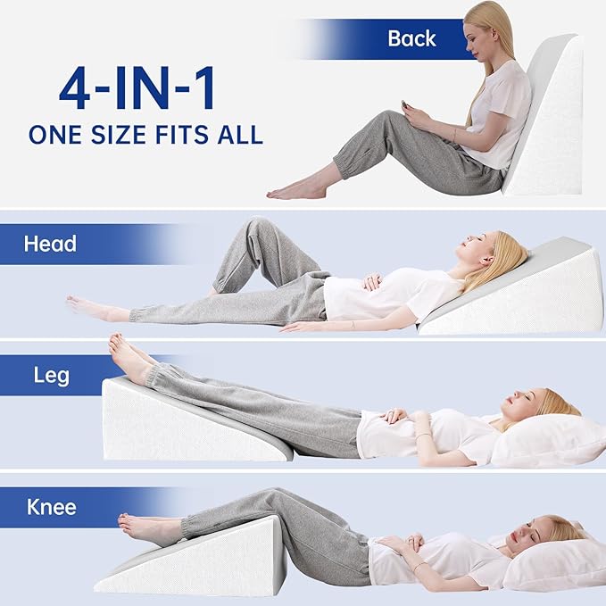 QUINEEHOM Bed Wedge Pillow for Sleeping, 12 Inch Triangle Bed Wedge for Adults, Memory Foam Wedge with Washable Cover, Hypoallergenic 30 Degree Pillow for Acid Reflux, Knee, Snoring, White&Light Grey