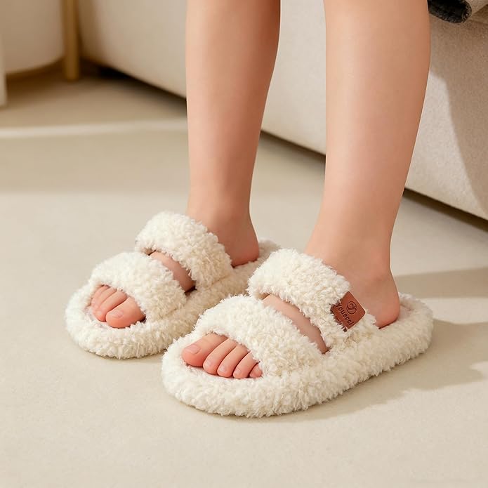 Youecci Girls Fuzzy Slippers-Soft Open Toe Slippers with Memory Foam & Arch Support, Dual-Strap Warm Comfy Home Slides Indoor House Shoes