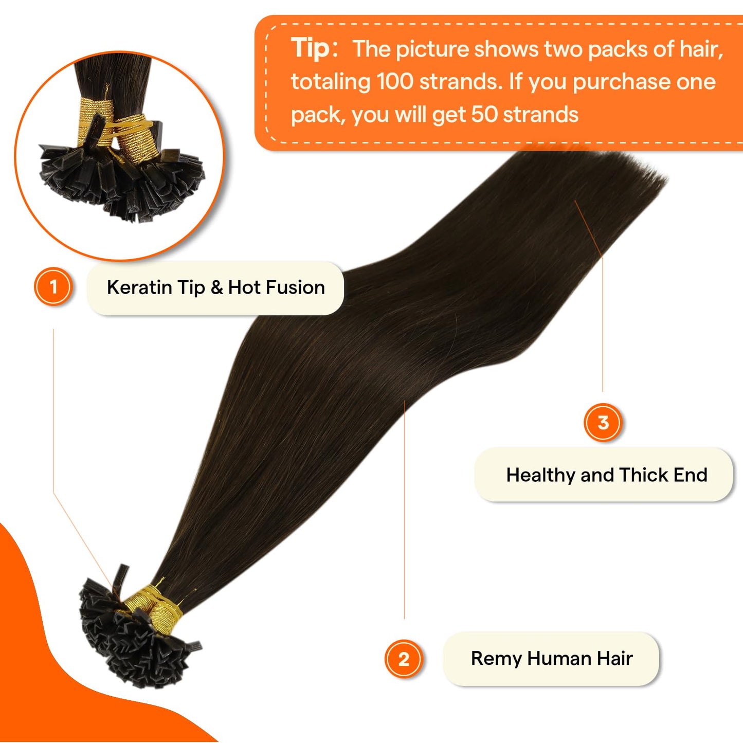 Full Shine Long Ktip Human Hair Extensions Color 2 Dark Brown K Tip Hair Extensions Human Hair 24 Inch Keratin Bond Extensions 5
