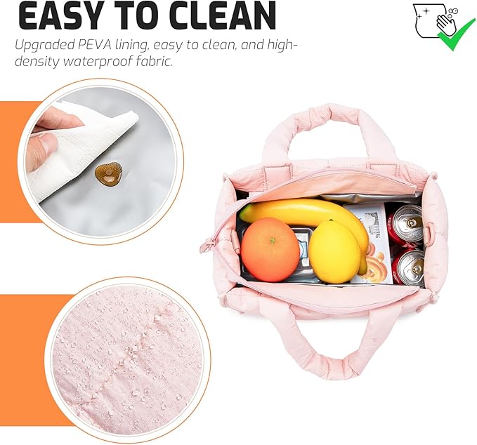 NOL Natural Organic Lifestyle Women's Nylon Lunch Cooler Quilted Tote Bag Puffy Insulated Lunch Bag for Women, Lightweight Waterproof Lunch Box for Work, Picnic, Outdoors,Pink