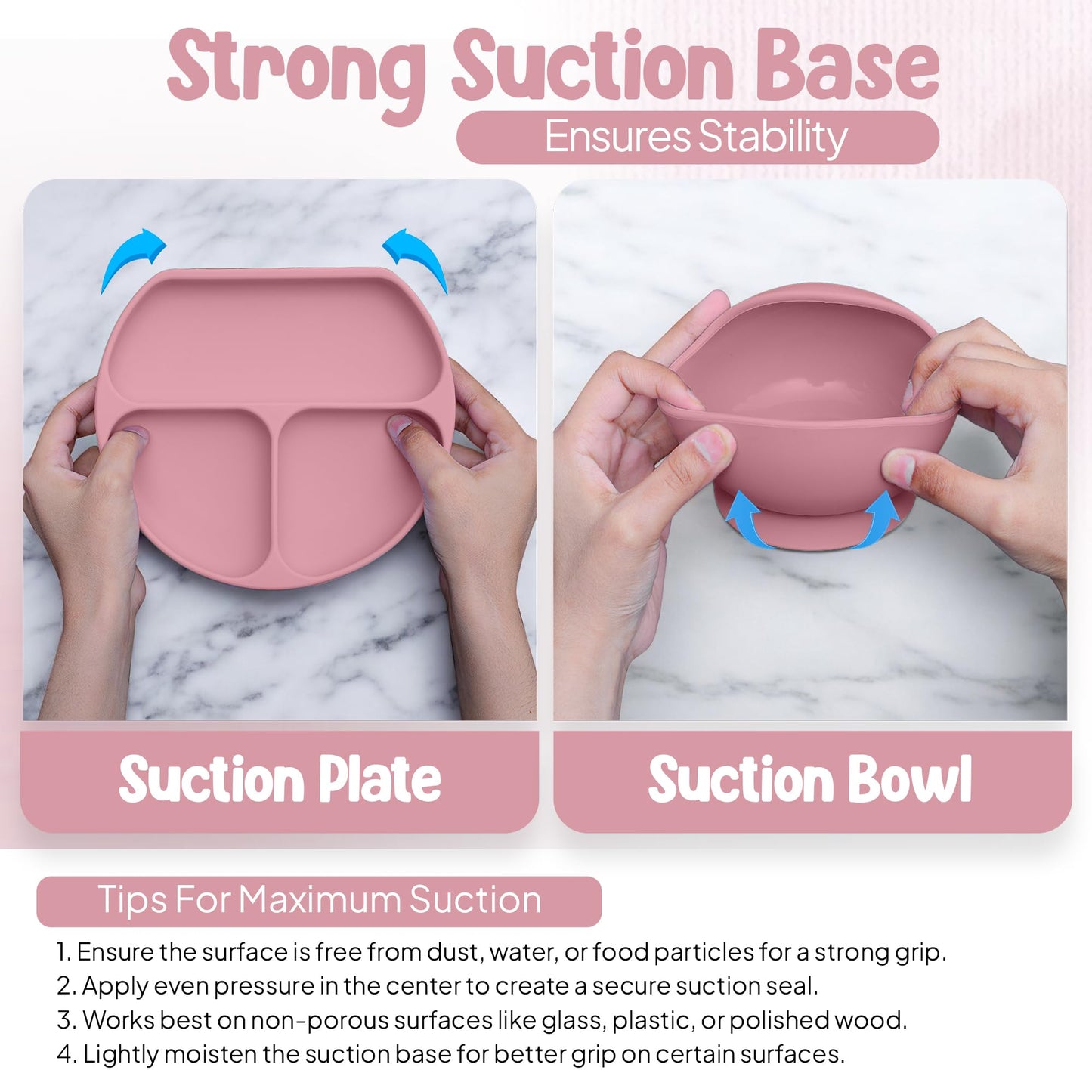 O'doe 17-Piece BPA-Free Silicone Baby Feeding Set | Thick & Soft Suction Plates, Baby Bowls, Wooden Fork & Spoon, and More | Make Mealtime Fun and Easy for Your Little One | Pink, V2