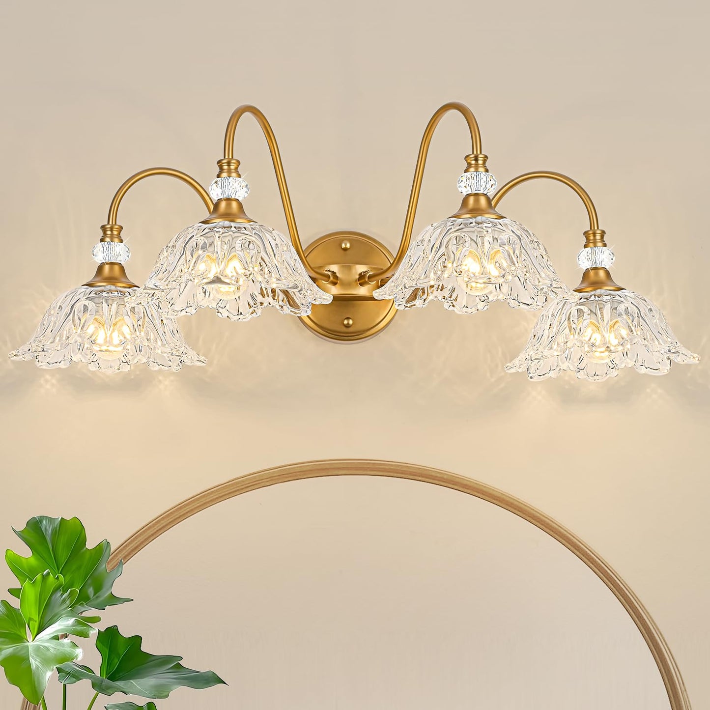 Sunkryster Vintage Matte Brass Finish Bathroom Vanity Light  4-Light Vanity Light With Floral Glass Shades  Retro Wall Mount Lighting For Bathroom  Dressing Table