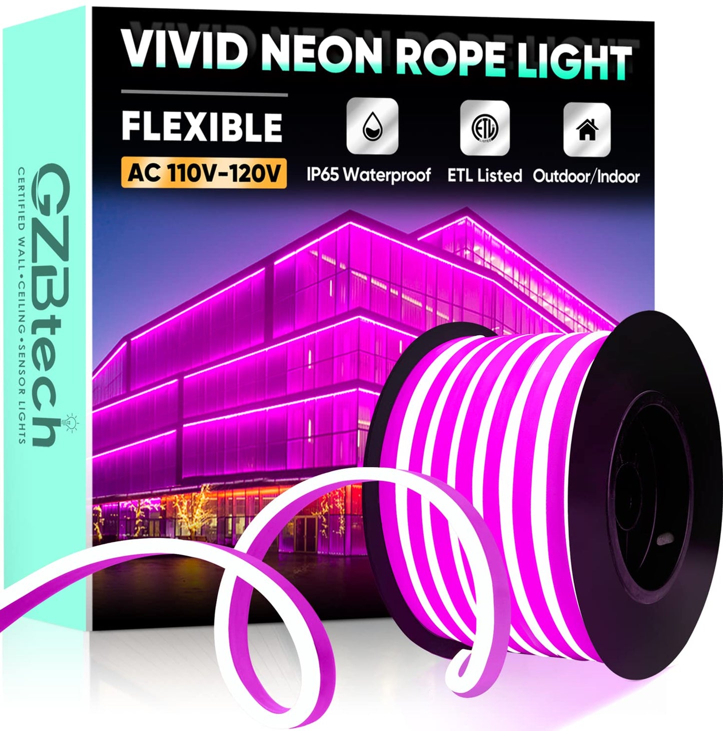 Gzbtech Flexible Led Neon Rope Lights 50Ft Ac 110-120V Waterproof Strip Light  120 Leds/M Cuttable Connectable Neon Lighting For Indoor Outdoor Home Decor/Commercial Building Use-Pink 15M