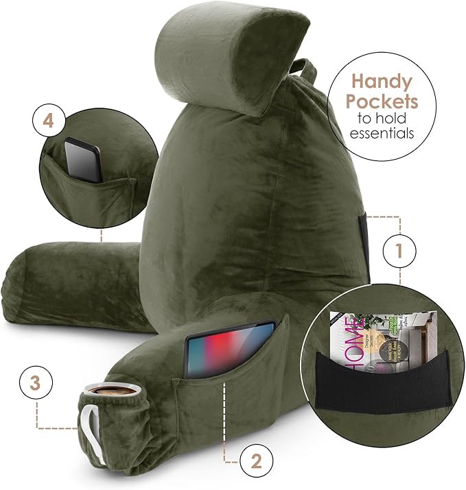 Nestl Reading Pillow Large Bed Pillow, Back Pillow for Sitting in Bed Shredded Memory Foam Chair Pillow, Reading & Bed Rest Pillows Olive Green Back Pillow for Bed, Bed Chair Arm Pillow with Pockets