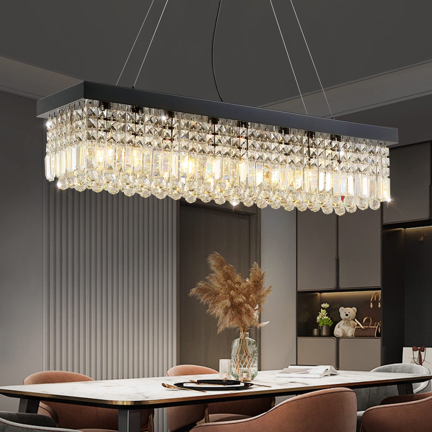 7Pm K9 Crystal Chandelier - Modern Rectangular Pendant Lighting, L40 X W10 X H10, Black Stainless Steel, Model Cl010842