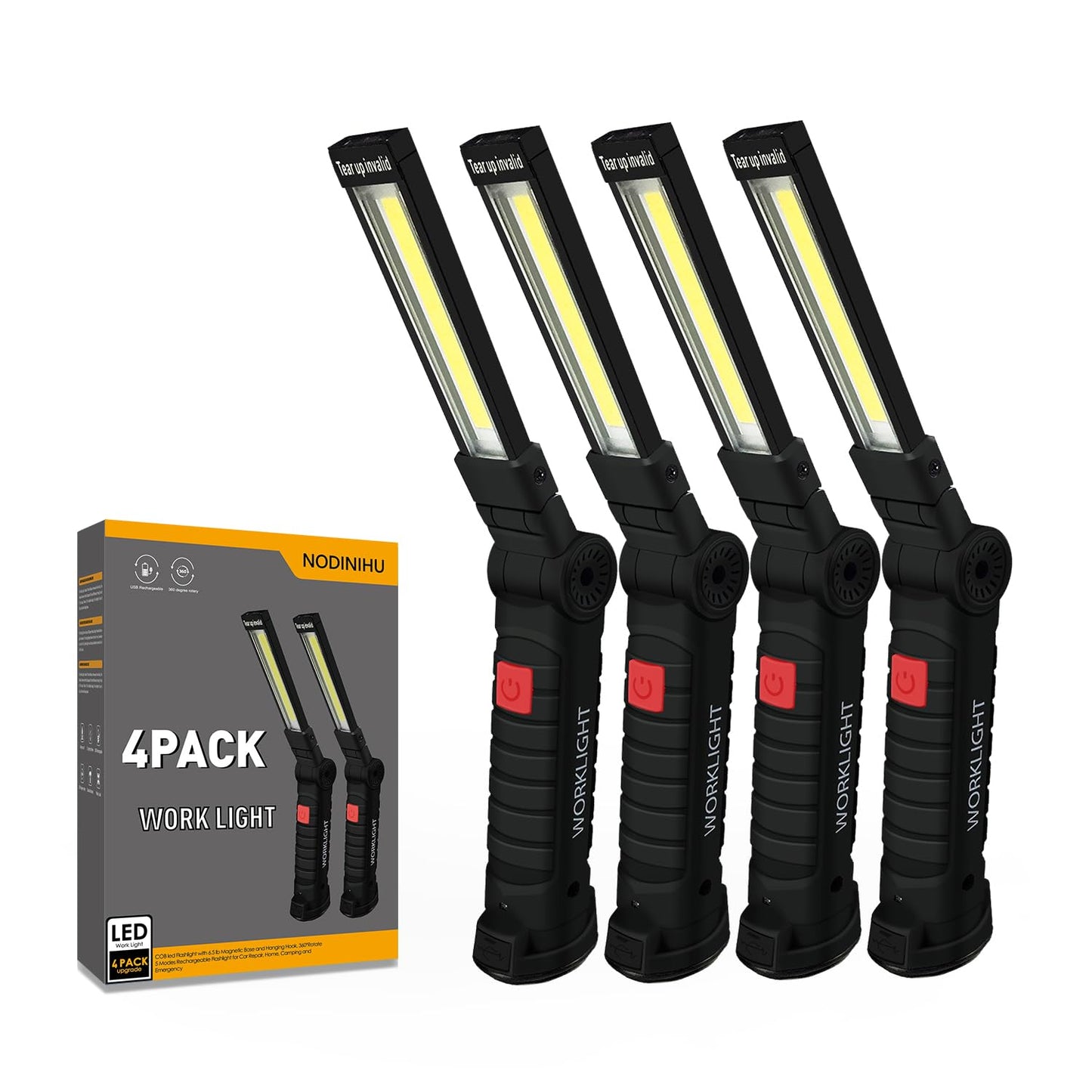 NODINIHU Working Light Portable, Rechargeable Work Lights with Magnetic Base Hanging Hook,360° Rotate 5 Modes,COB LED 800 Lumens Foldable Inspection Light for Car Repair, Grill and Outdoor Use(4pack)