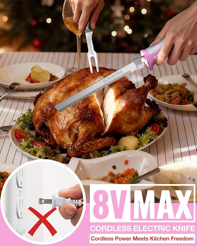 8V Cordless Electric Knife Set, Rechargeable Electric Carving Knife with Reciprocating Stainless Steel Blades for Meat & Bread, Fork Included, Equipped with interchangeable 2000mAh Large Capacity Battery, Ergonomic Handle and Safety Lock for Turkey, Me...