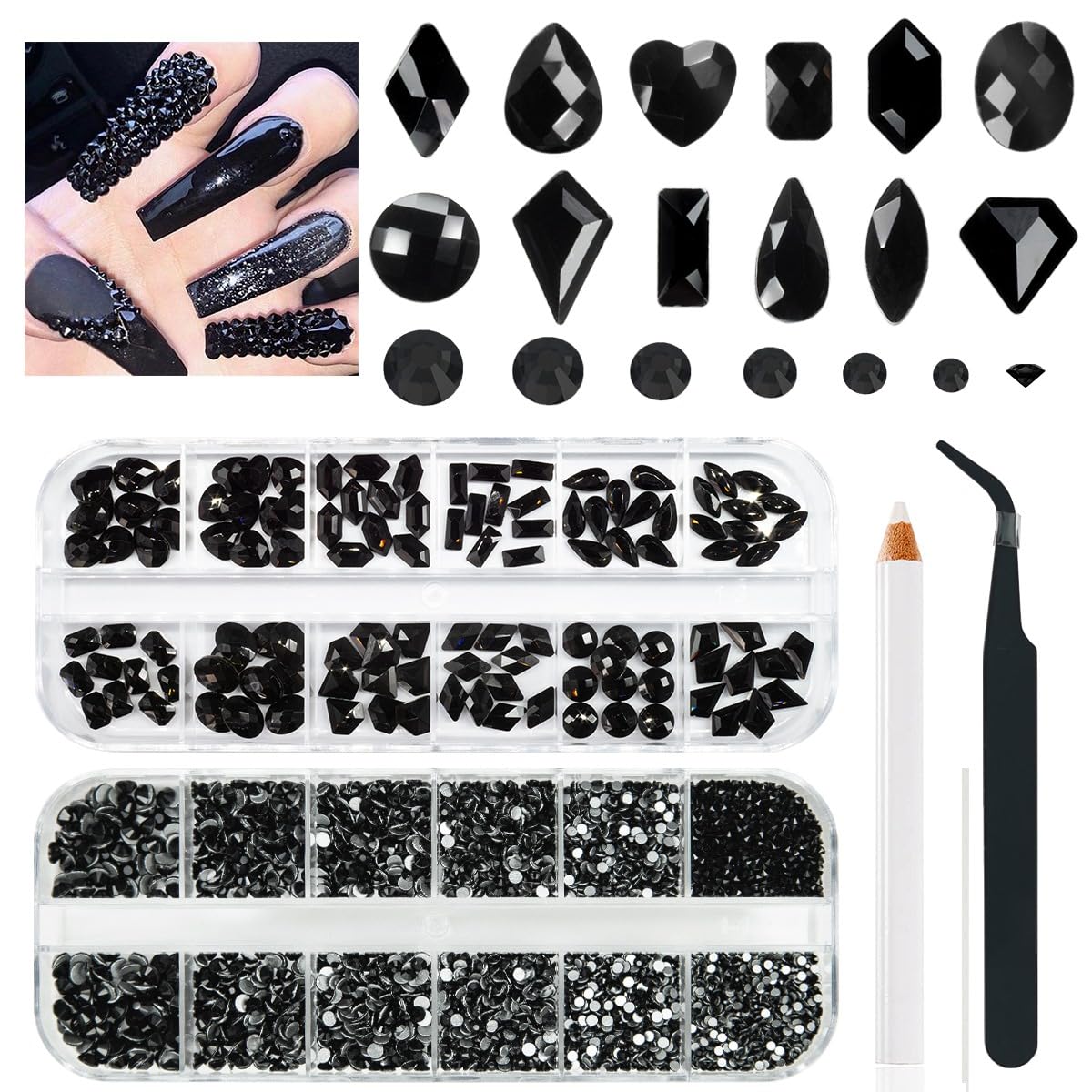 qiipii 4080Pcs Black Nail Rhinestones Crystal Flatback Jet Black Rhinestones Round Beads Glass Gems Stones Nail Art Gems Diamond