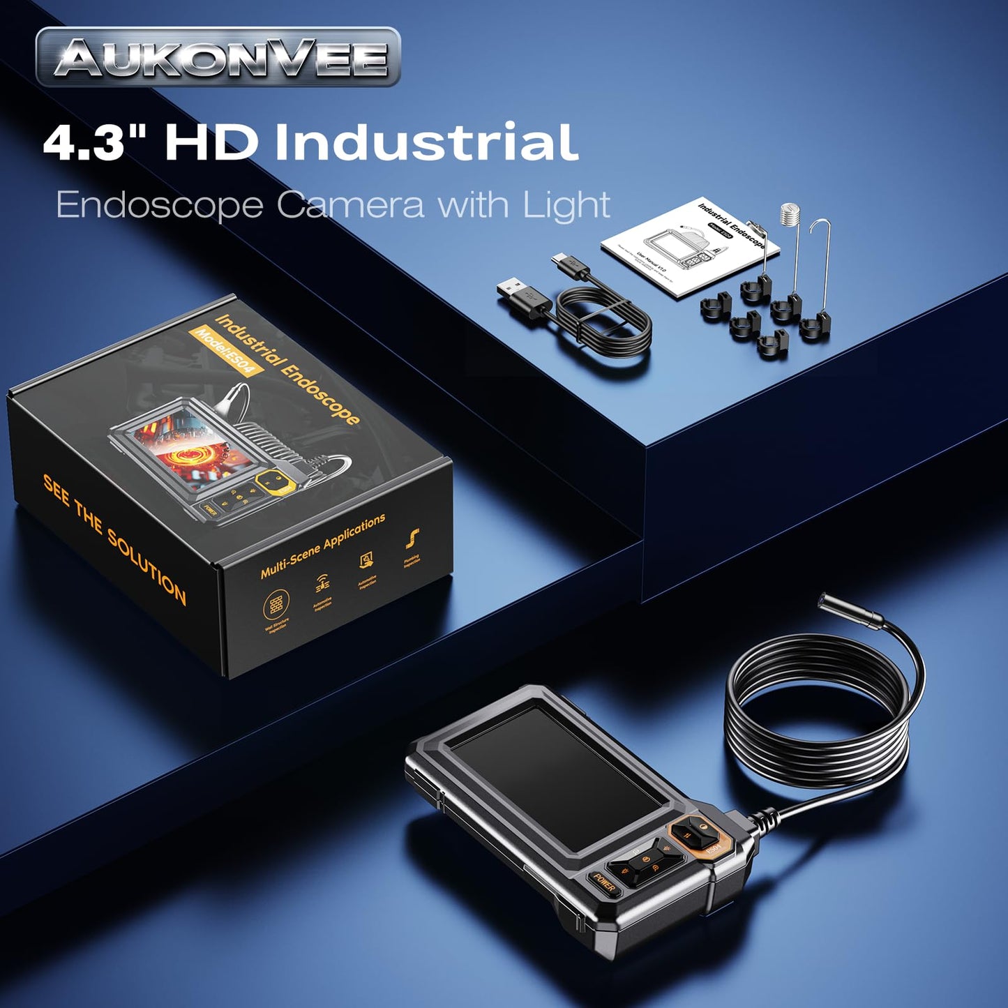 Endoscope Camera with Light, 1920P HD Borescope Inspection Camera with 4.3" IPS Screen, AukonVee IP67 Waterproof with 8 LEDs & 16.5ft Semi-Rigid Snake Camera for Automotive Pipe Tools Gadgets for Men