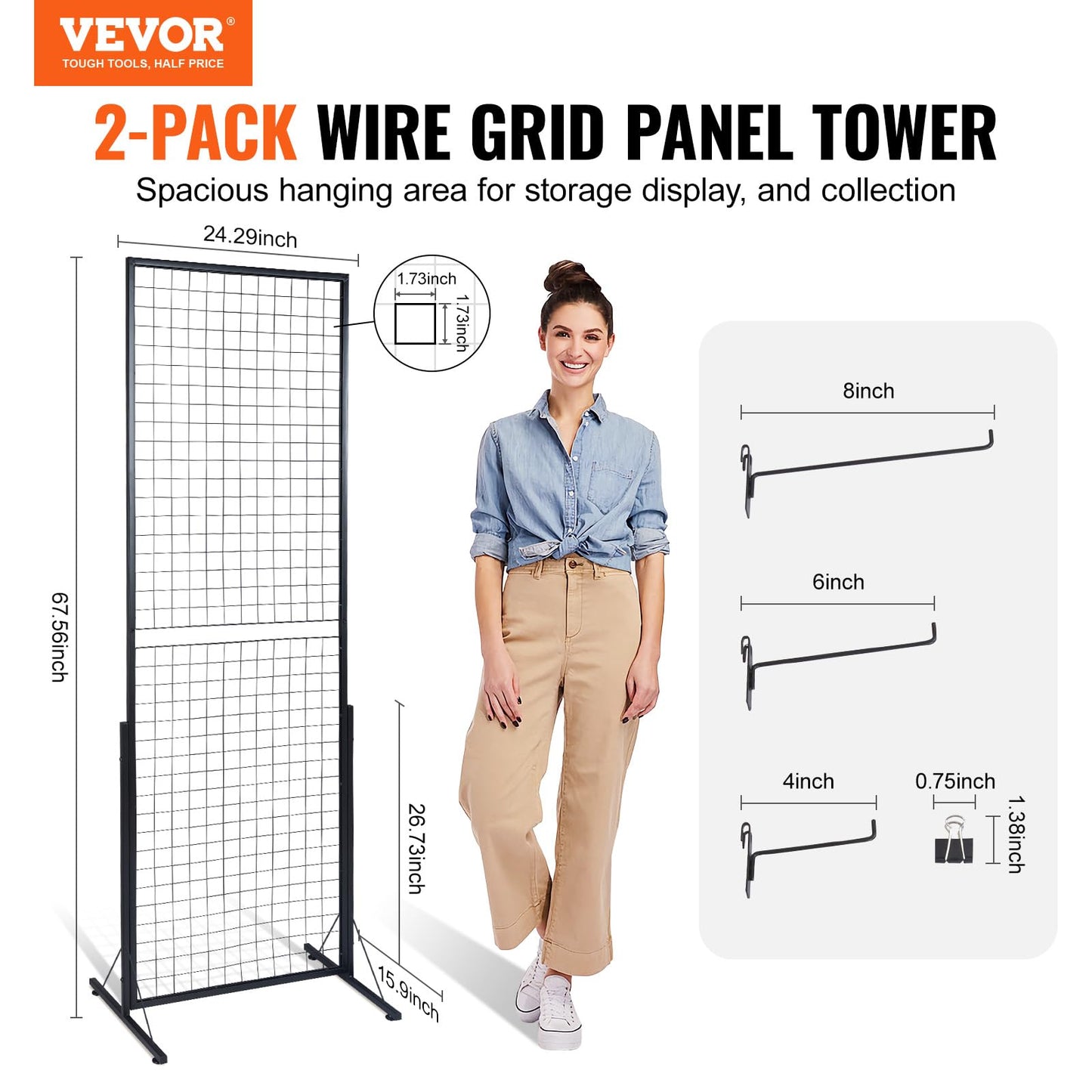 VEVOR 2 x 5.6 in Grid Wall Panels, 2 Packs Wire Gridwall Display Racks Tower with T-Base, Floorstanding Double Side Gridwall Panels, Retail Display with Extra Clips and Hooks for Art Craft Shows