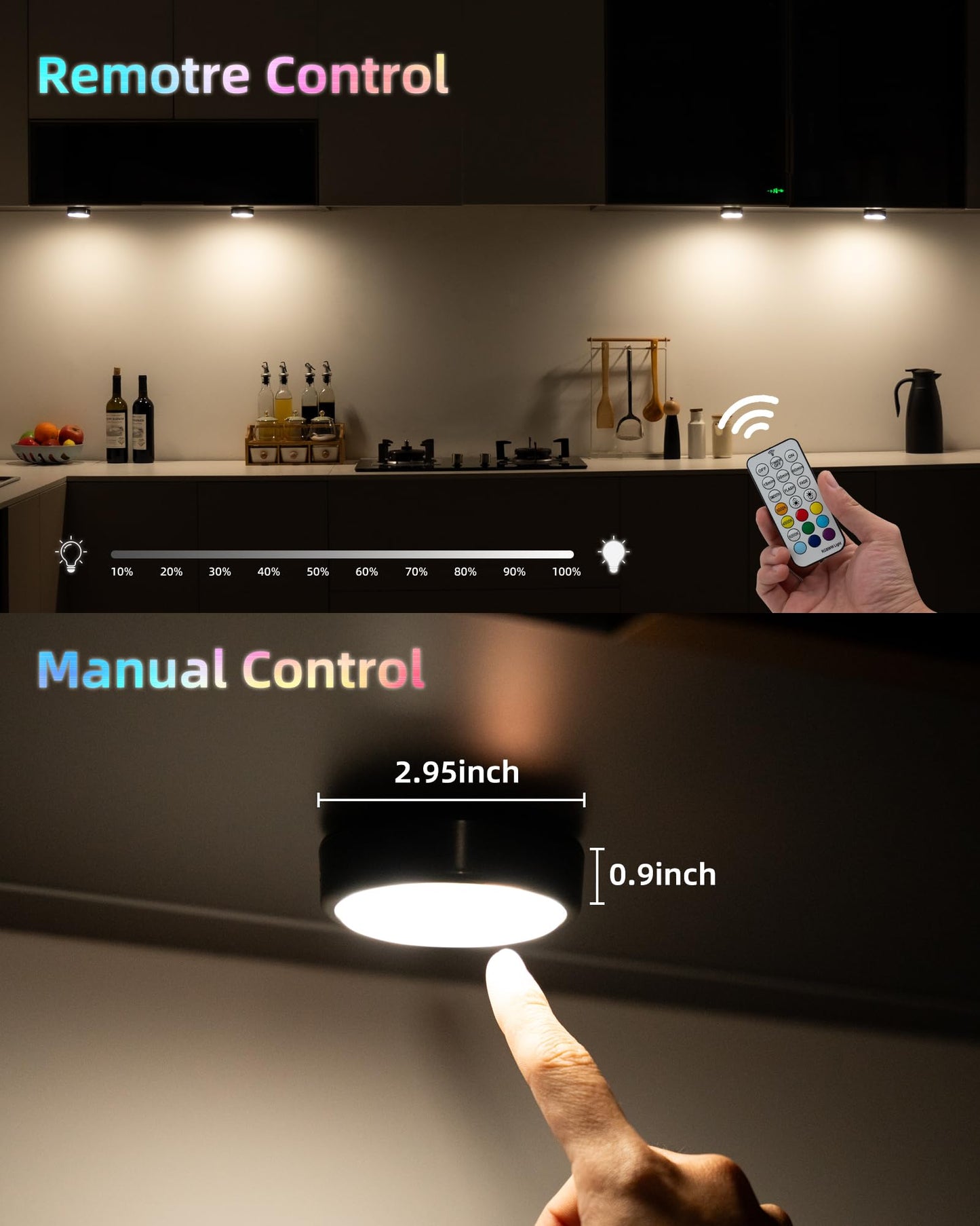 Holkpoilot Puck Lights With Remote Under Cabinet Lights 2000Mah Battery Operated Closet Lights 1 Pack Magnetic Under Cabinet Lighting Wireless Black Rechargeable Puck Lights For Kitchen