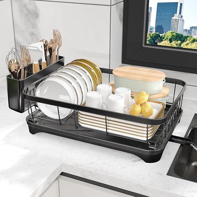 Dish Drying Rack for Kitchen Counter – Large Capacity Single Tier Dish Drainer with Utensil Holder & Cutlery Tray, Space Saving Countertop Organizer, Black