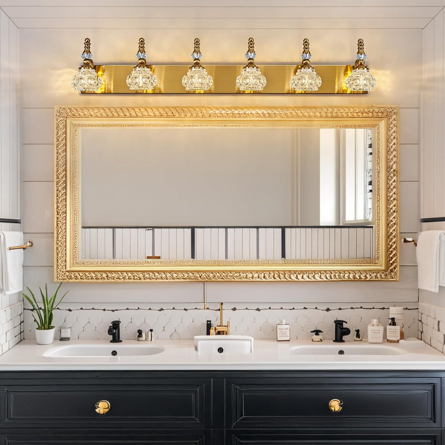 Lbsqj Modern Glass Crystal Vanity Light - Vintage Bathroom Lighting Fixtures Over Mirror 6 Light Vanity Lights G9 Bulb (43.3 Inch  Gold)