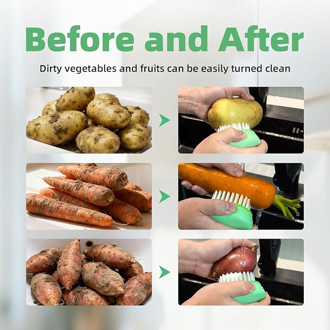 Vegetable Brush Scrubber for Food, Black Stiff Bristles Brush & White Soft Bristles Brush, Dishwasher Safe Ear-Hanging Veggie & Fruit Cleaning Brush for Potato, Mushroom, Carrot, Lemon, Egg