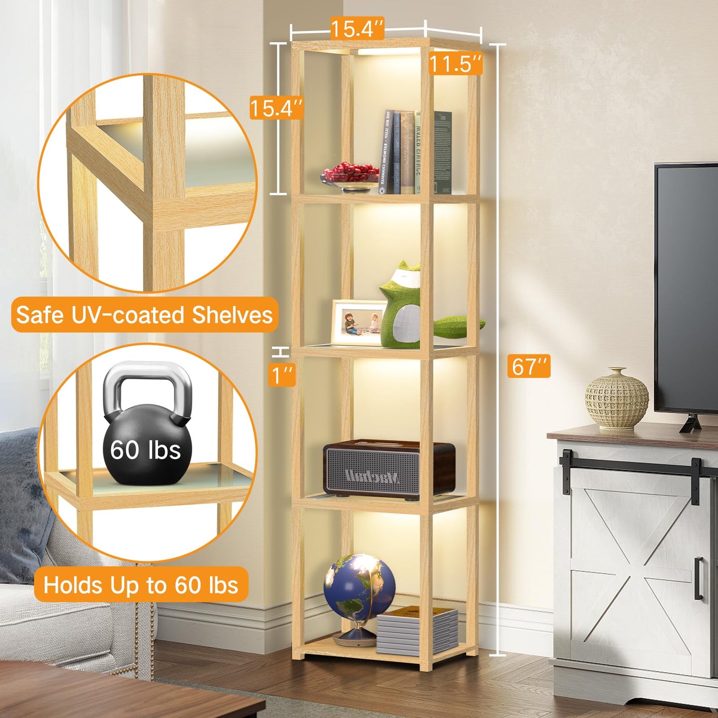 OUTON 67in Glass Display Shelf with LED Floor Lamp, 5 Tier Open Bookshelf, Wood, Model ZSJ01, Size 39x29x170 cm
