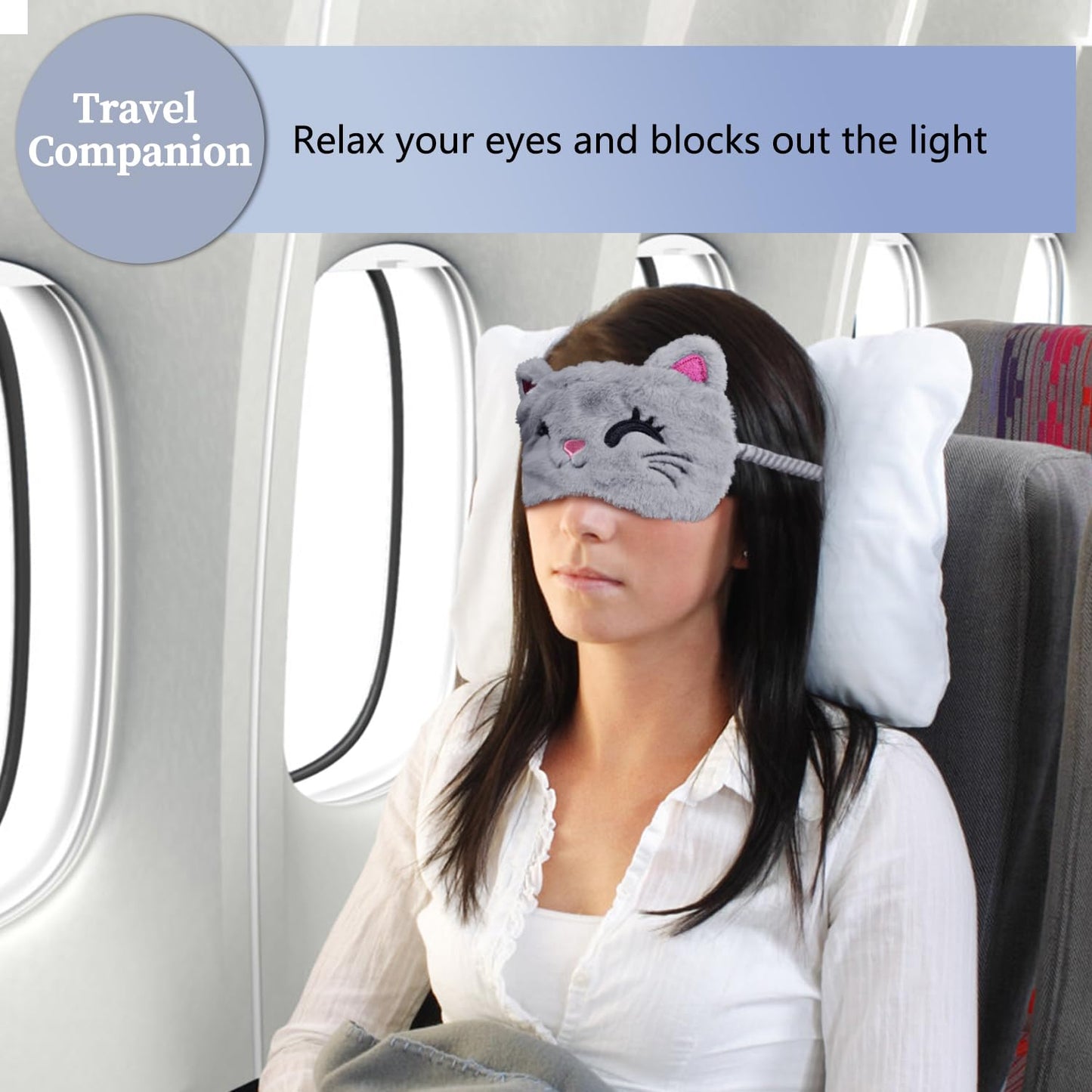 Mezeic Cute Sleep Masks - Cartoon Animal Cat Eye Mask, Plush Sleeping Mask & Travel Blindfold - Funny Kitten Eye Shade for Women Men (Grey Cat)