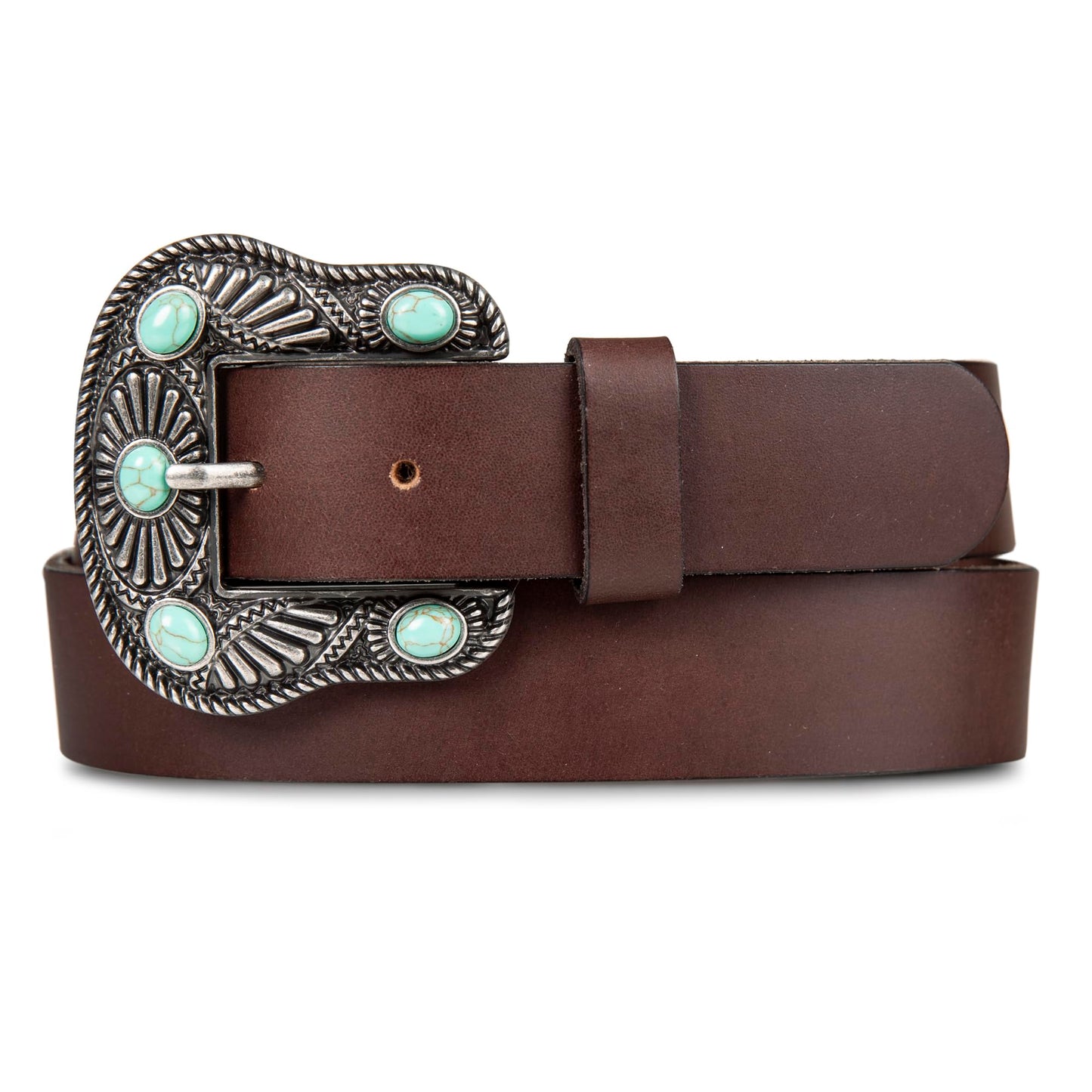 Lucky Brand Women Western Style Fashion Leather Belt with Metal Buckle, Turquoise Stud-Brown, Small