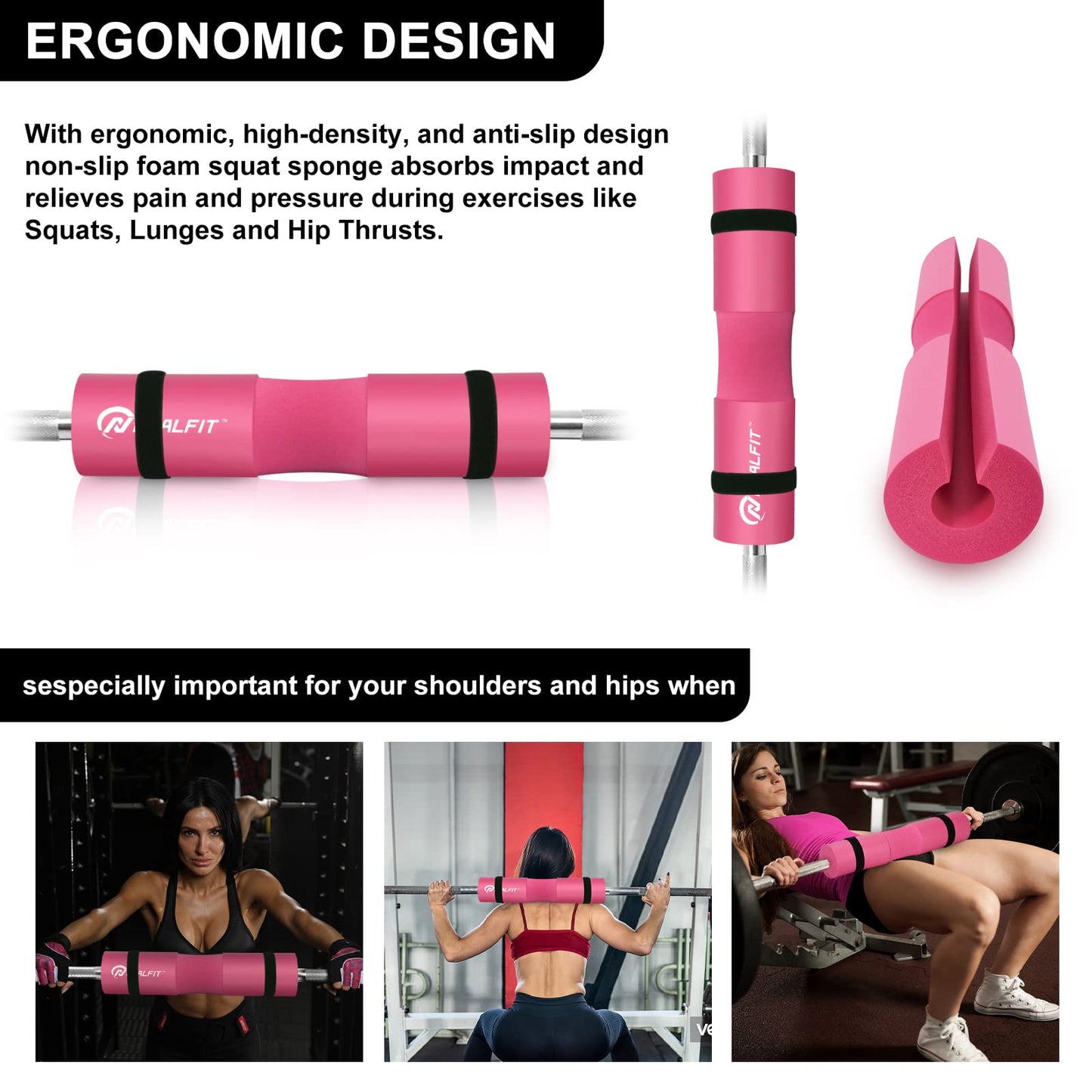 NEALFIT Barbell Pad Squat Pad for Squats—Squat Bar Pad—Great for Weightlifting,Lunges and Hip Thrusts—Foam Sponge Pad—Fit Standard and Olympic Bars Perfectly (Pink)