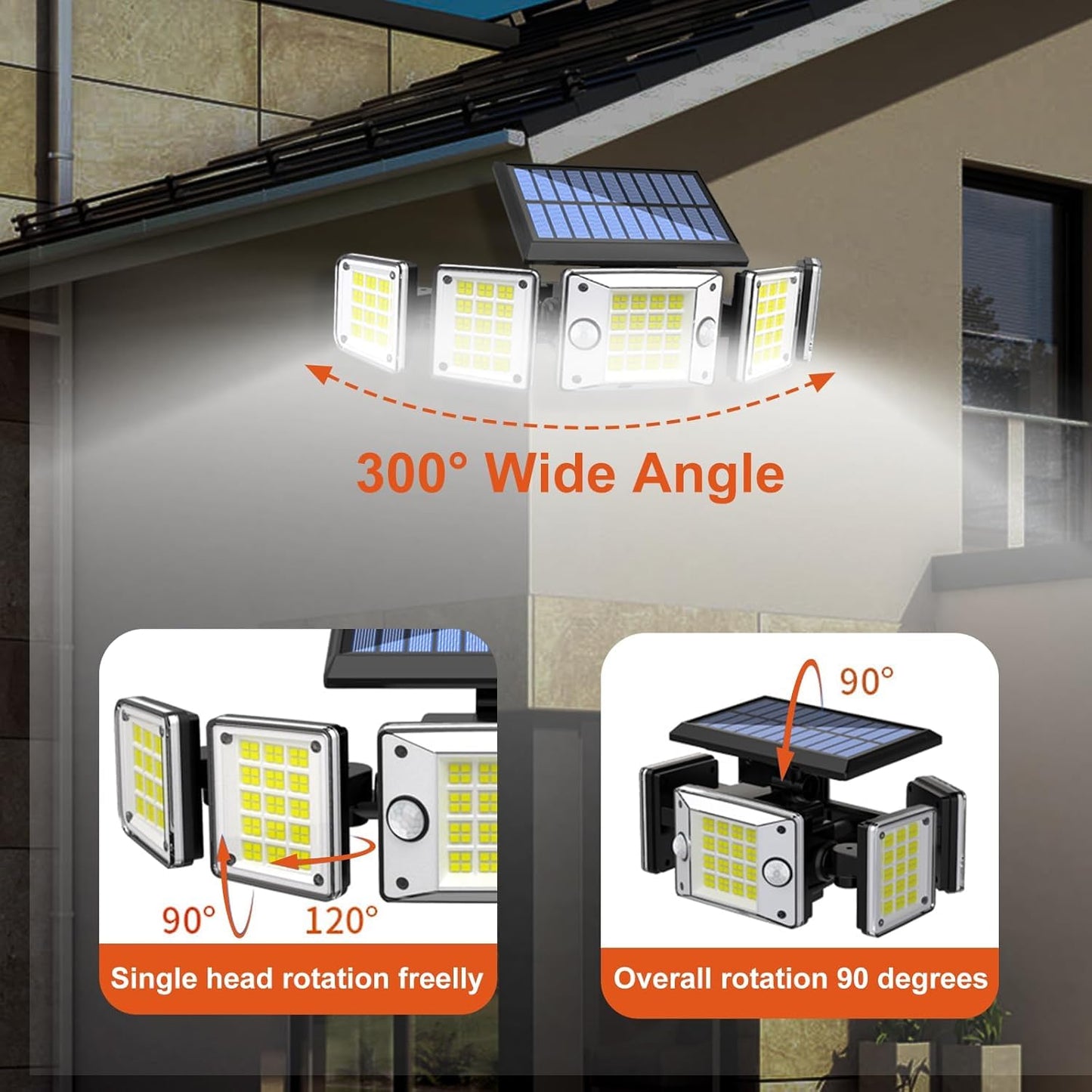 Bowite Solar Lights Outdoor Motion Sensor, 3000LM, 280 LEDs, 5 Heads, IP65 Waterproof, Split-type 2 Pack, Black, Model 25-SFL-02-