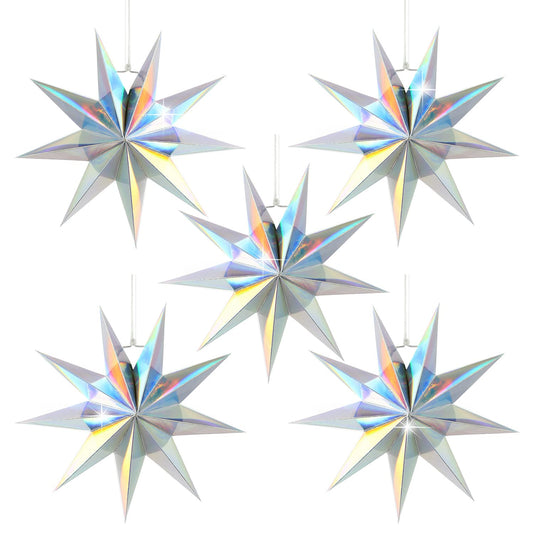5Pack 9-Pointed Paper Star Lanterns 11.8 Inch Iridescent Hanging Paper Lampshade For Winter Wonderland  Christmas Holiday  Weddings  Frozen Birthday Party Celebration Decor