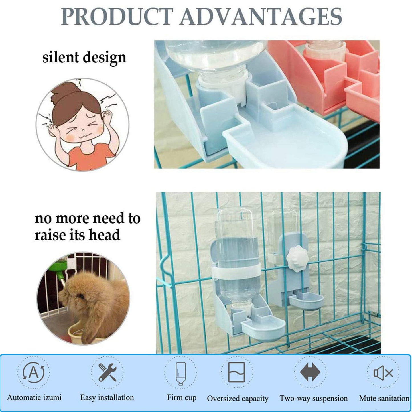 kathson Rabbit Suspended Feeder Dispenser Hanging Water Fountain Automatic Bottle,Crate Bowl Removable Plastic Stainless Steel Pet Cage Coop Cup with Bolt Holder Set for Bunny Cat Dog and Other Animal
